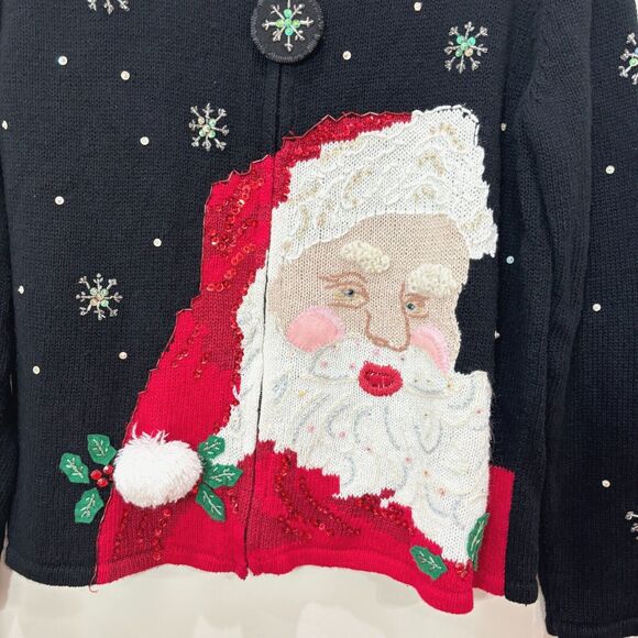 VTG Ugly Black Christmas Sweater Cardigan L Santa 3D Beads Snowflake Tacky - Picture 3 of 11